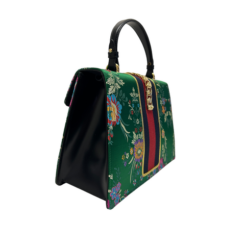 Gucci Sylvie Top Handle Floral Jacquard Bag in Green Silk