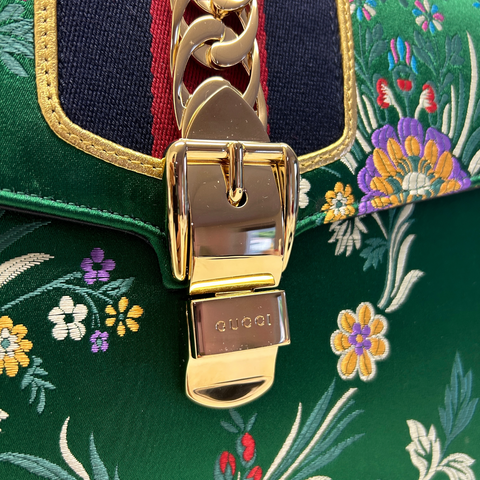 Gucci Sylvie Top Handle Floral Jacquard Bag in Green Silk